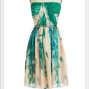 DONNA MORGAN Belted, Strapless Cream & Ocean Gown